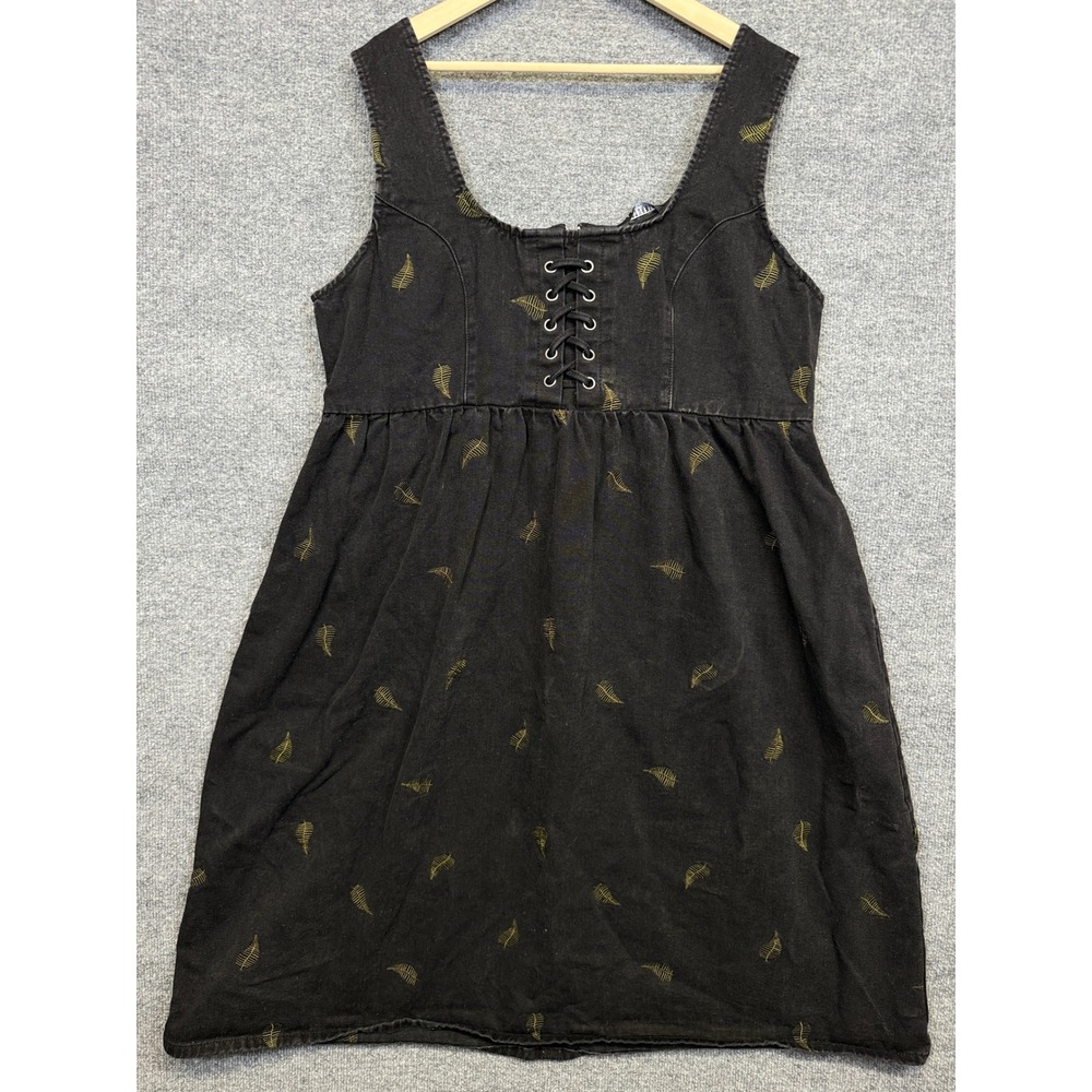 Disturbia Sz 16 Midi Pinafore Dress Black Cotton Blend Osmunda Fern Embroidered - Picture 2 of 12